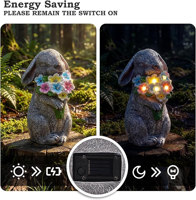 PETAFLOP Solar Garden Statues Outdoor Decor, Rabbit Figurines with Flowers for Patio Balcony Lawn Yard Decorations, Birthday Housewarming Gifts for Women Mom Grandma