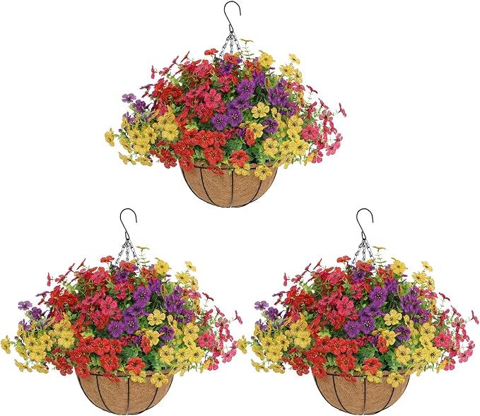 Senjie 3 Set Artificial Hanging Flowers with Basket for Outdoor Decor, UV Resistant 36 Bundles Faux Flowers Fake Hanging Planter for Porch Patio Balcony