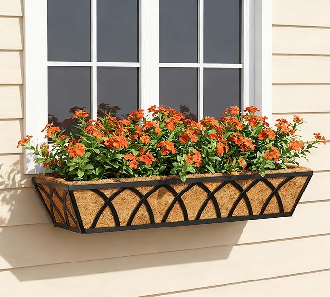 Y&M Window Boxes Horse Trough with Coconut Coir Liner, 24 Inch Window Deck with Coco Liner, Fence Metal Hanging Flower Planter Window Basket Deck Railing Planter Boxes (X - 24in 2P)