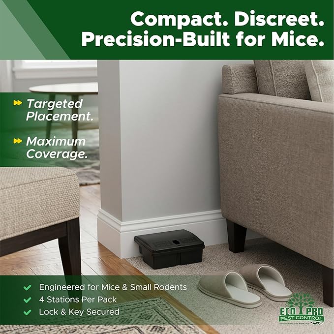 Mouse Bait Station | 4-Pack Indoor & Outdoor Mouse Bait Stations | Bait (Not Included) is Secured by Lock & Key | Pet & Child-Safe Alternative to Mouse Traps | for Mice Only - Small Size
