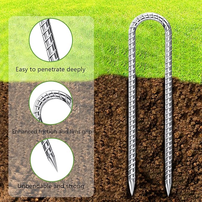 Trampoline Stakes Heavy Duty - 12 Inch U Shaped Garden Stakes 8mm Galvanized Steel Wind Stakes for Trampoline Safety Anti-Rust 6 Pack High Wind Rebar Stakes for Tent, Swing Set Fence