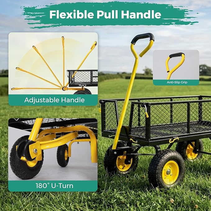 SUNNYFEEL 900 LBS Heavy Duty Steel Garden Cart, Utility Garden Wagon Cart with 10" Flat-Free Wheels and Removable Sides, All Season Yard Cart with 180° Adjustable Handle