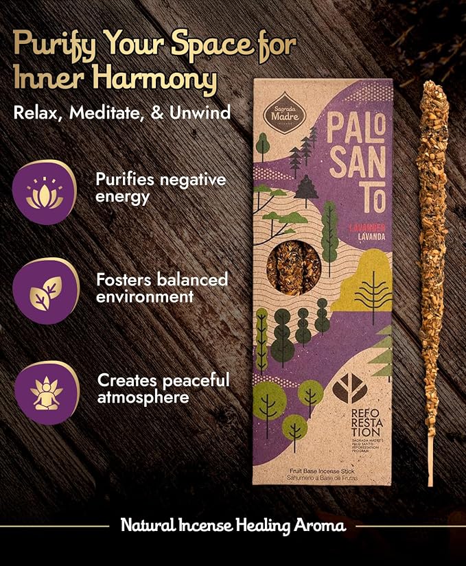Sagrada Madre 4pcs Wildly Harvested Palo Santo Incense Sticks (Lavender), 6.7” Long - Non-Toxic, Aromatic Incense Sticks (50 min Approx. Burning Time) to Heal & Calm Your Body and Environment