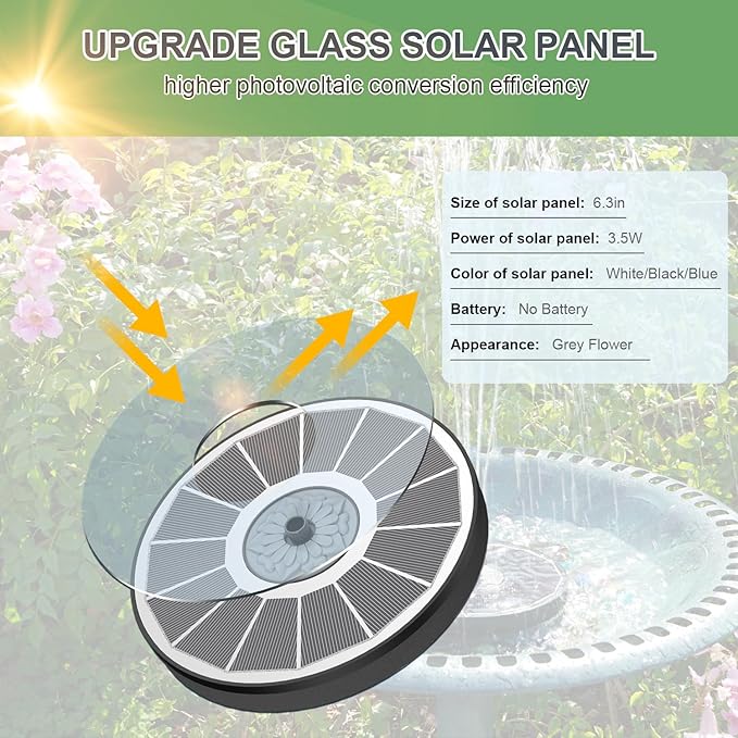 Yzert Solar Fountain for Bird Bath Direct Sunlight High Efficiency 3.5W Glass Panel Solar Water Fountain Outdoor Garden Flower (White)