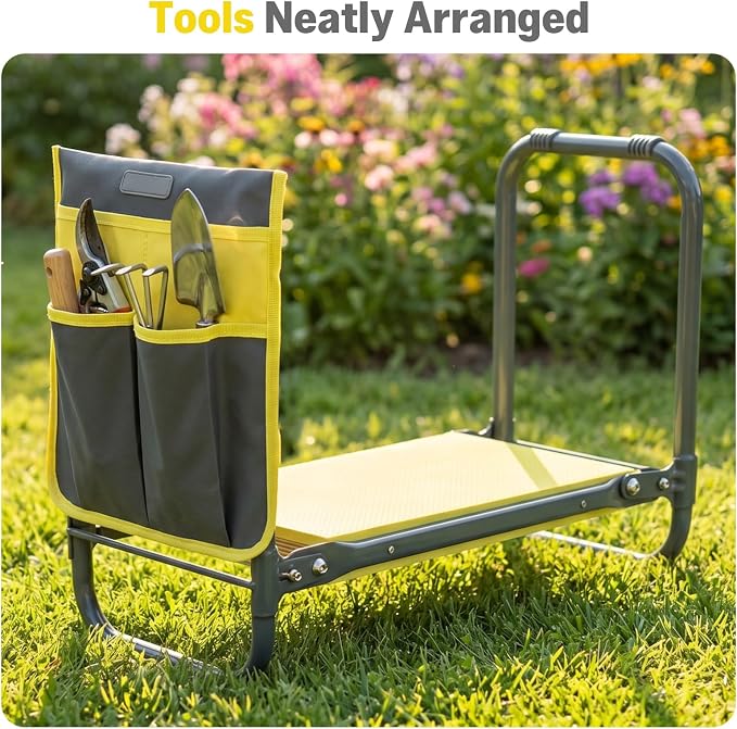 Garden Kneeler and Seat Heavy Duty, Foldable Gardening Stool Bench with Widened Thick Soft Kneeling Pad and Tool Pouches - 2-in-1 Portable Kneeling Device for Seniors (Yellow)