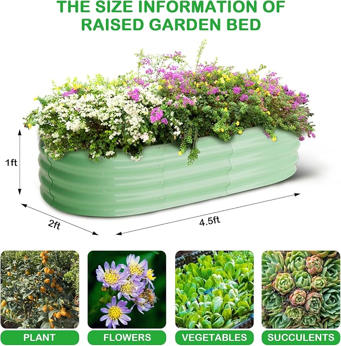 GarveeLife 2 Pcs 4.5x2x1ft Oval Raised Garden Bed, Galvanized Raised Beds,Open-Ended Base Metal Raised Planter Beds,Garden Bed Outdoor,Planter Raised Boxes for Vegetables, Flowers,Tool-Free Asse,Green