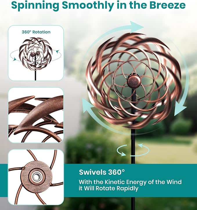 63" Copper Wind Spinner Metal Bronze Antique Clockwork Garden Yard | Antique Garden Art, Rustproof bronze sundial spinner, Whisper-quiet dual-bearing kinetic motion, Stable 5-prong stake