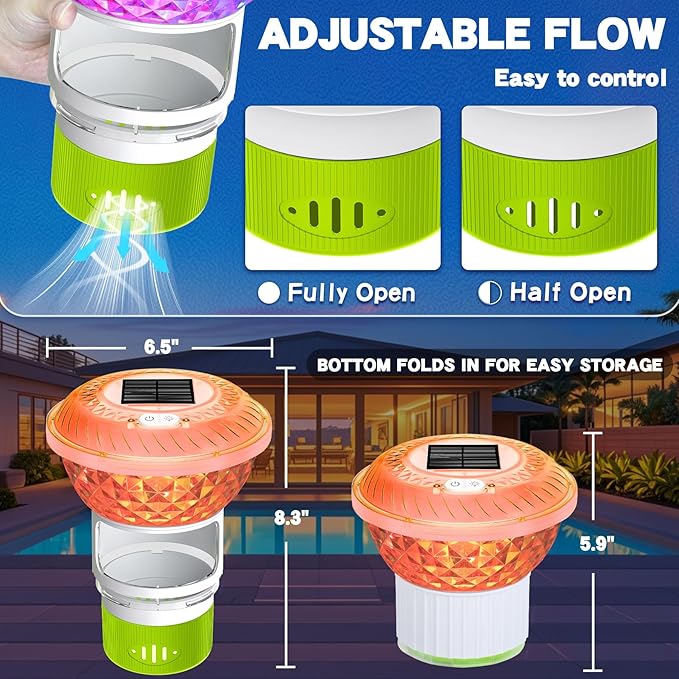 FineBud2025 Upgrade Solar Chlorine Floater, Pool Chlorine Floater with Colorful Light, Button Control Floating Chlorines Dispenser for Pool, Adjustable Flow chlorines floaters (Green)