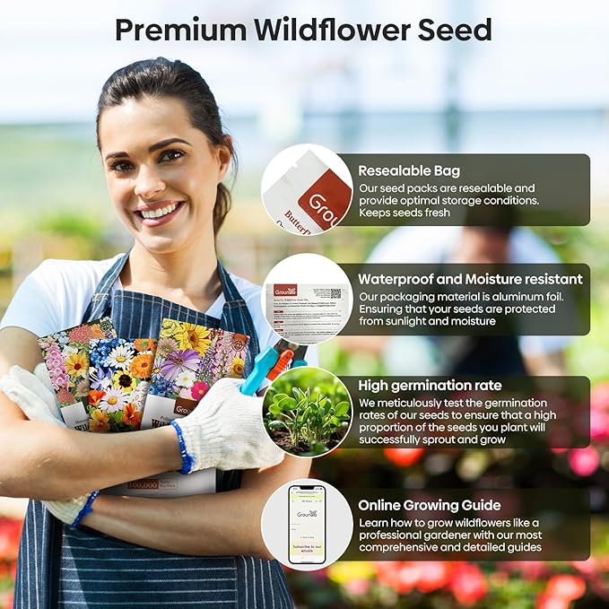 Groundio Wildflower Seeds Bulk, 1/4 lb, 100,000+ Seeds, 26 Variety Mix with Zinnia, Milkweed Seed, Attracts Pollinators, Plant in Spring or Fall, Zones 3, 4, 5, 6, 7, 8, 9, 10