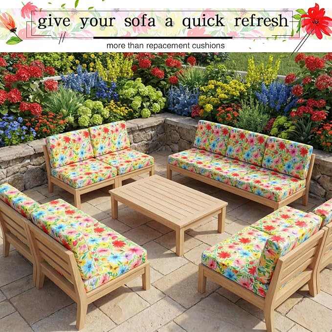 Newwiee 12 Pcs Patio Cushion Covers Outdoor Stretch Sofa Couch Cover Replacement Couch Slipcover Sofa Seat Chair Porch Patio Furniture Protector, Flexibility Washable(Colorful,Vivid Blossom)