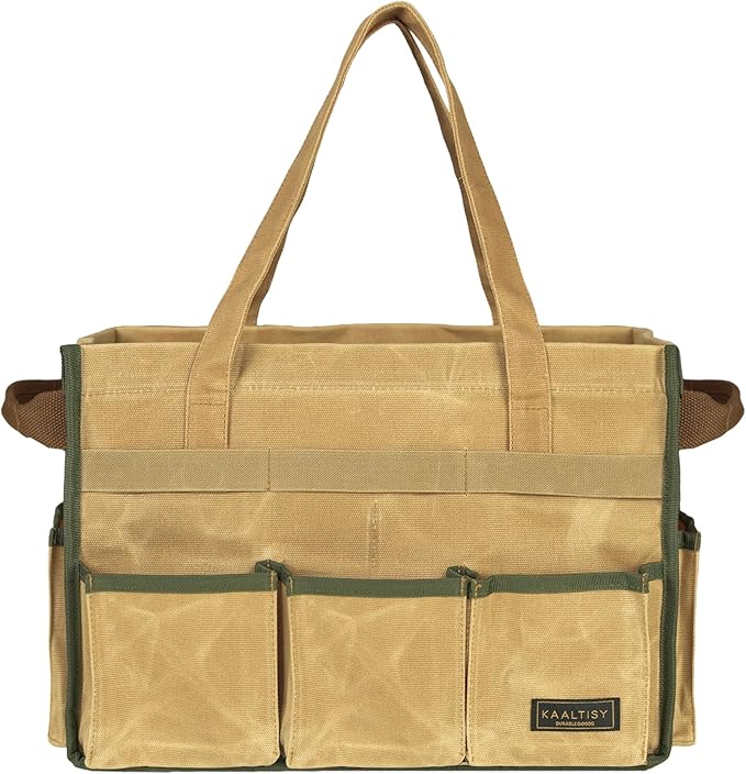 Canvas Tool Bag, 16OZ Waxed Canvas Tool Tote Bag with Metal Zipper & 12-Pocket Design, Multi-Purpose Garden Tool Storage Tote for Electrician Gardener Plumber | Khaki | 14.5"L x 7.5"W x 10"H