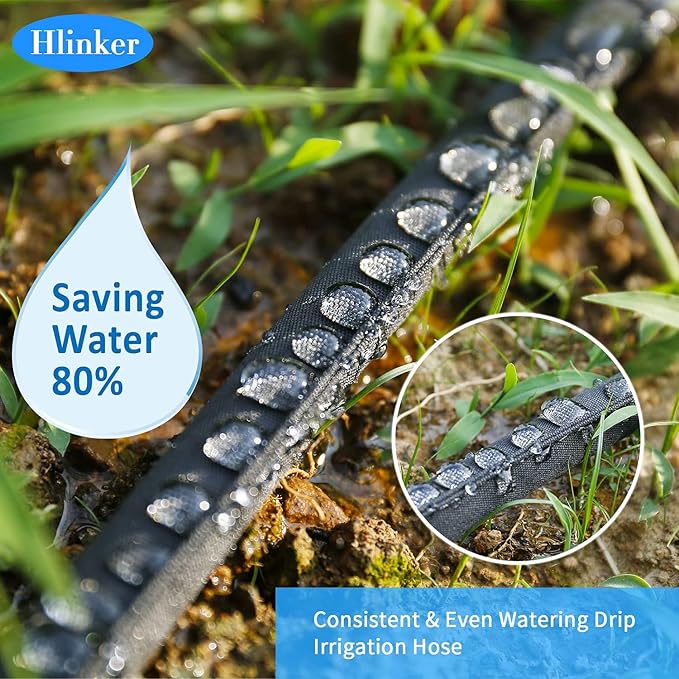 Hlinker Flat Soaker Hose 50 200 FT for Garden Beds, 200FT 1/2" Linkable Consistent Drip Irrigation Hose Save 80% Water, Leakproof Heavy Duty Double Layer Sprinkler Hose