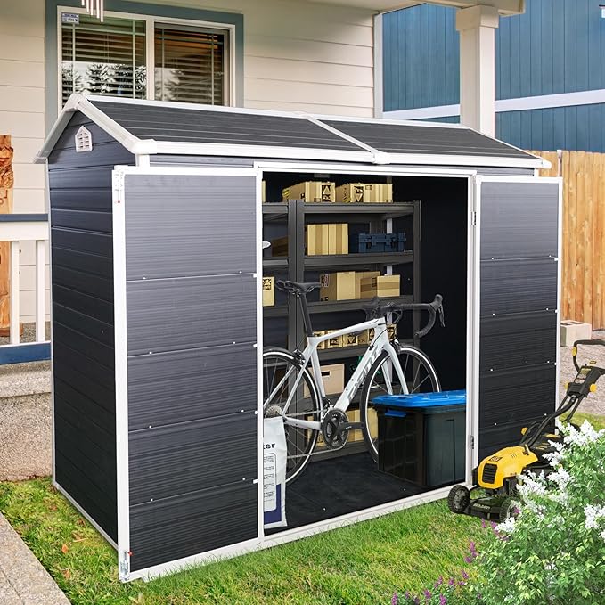Ball & Cast 4x8 FT Resin Outdoor Storage Shed,Waterproof Garden Organizer Tool House with Floor & Two Windows,Backyard Cabinet w/Lockable Door and Ventilation,Shelter for Car,Bike,Lawnmower,Black