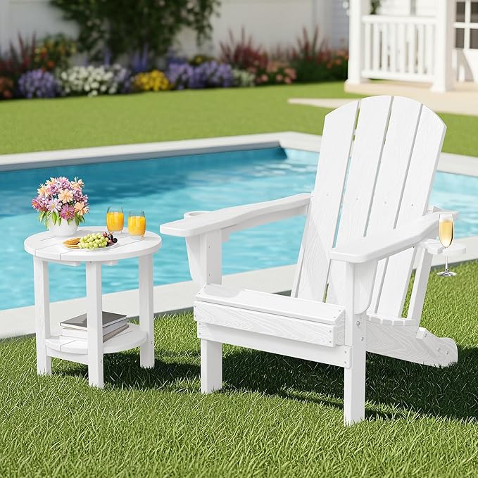 SERWALL Round Outdoor Side Table Set of 4, HDPE Small Adirondack Double End Table, White