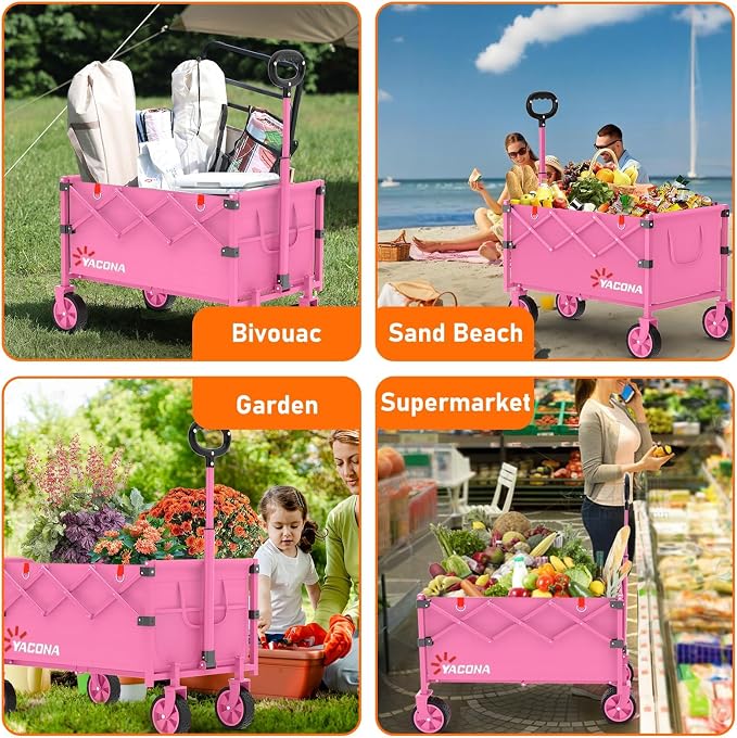 Yozoia Wagons Carts Foldable, Lightweight Portable Utility Shopping Cart with Wheels, Folding Grocery Wagon Cart for Grocery, Camping, Shopping, Beach, Garden, Sports Pink