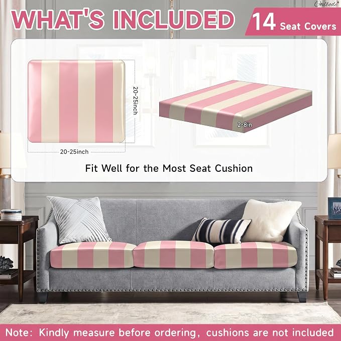 CALBODE 14 Pcs Stretch Outdoor Seat Cushion Covers, Washable Striped Chair Seat Cover for Patio Furniture Cushions Soft Indoor and Outdoor Couch Cover Replacement (Pink&Beige, Cover Only)