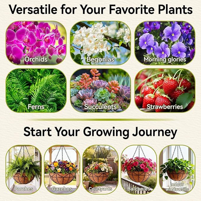 Halatool 4 Pack 12 Inch Hanging Baskets for Plants Outdoor- Small Hanging Garden Planters with Coco Liner for Outside, Empty Metal Wire Flower Holder Hanger Pot for Wall Patio Porch Balcony Decoration