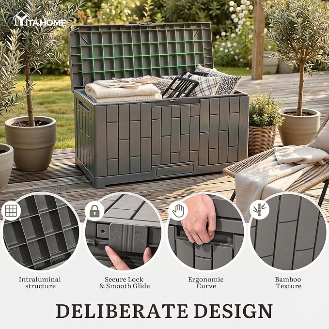 YITAHOME 60 Gallon Resin Deck Box, Weather Resistant Outdoor Rattan Storage Box with Slide-Locking Lid, Lockable Indoor Outdoor Storage for Supplies and Essentials, Taupe