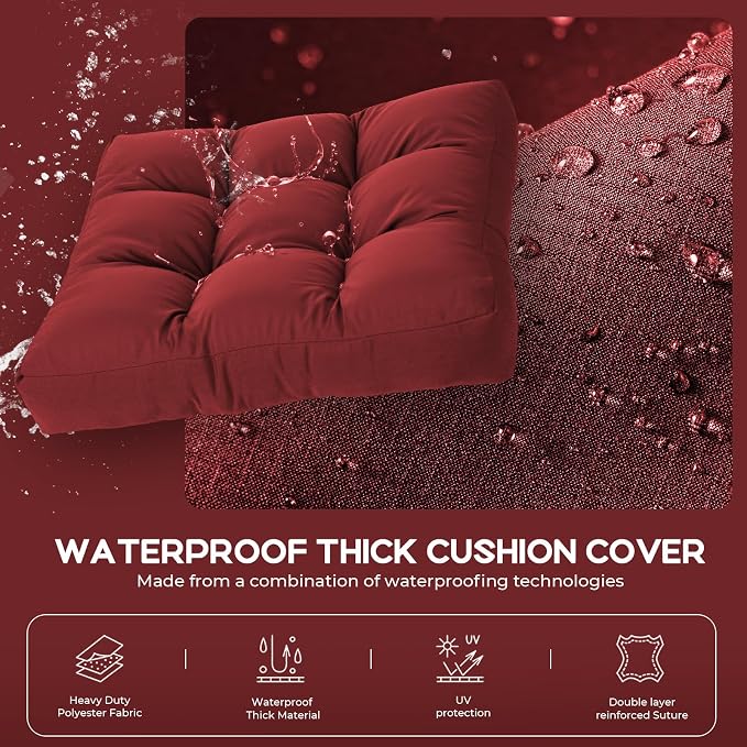 22x22 Waterproof Outdoor Chair Cushions Set of 2, Patio Cushions for Outdoor Furniture Water-Resistant & Fade-Resistant, Deep Seat & Back Cushion for Chair Sofa (Red)