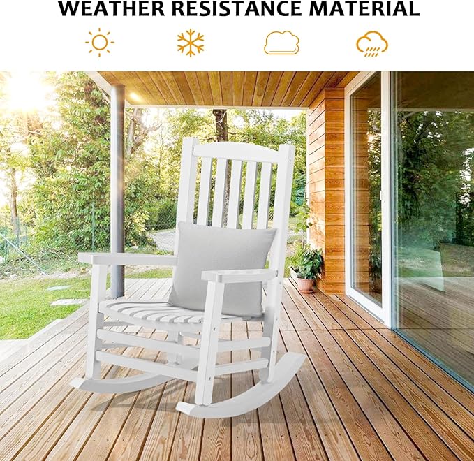Hupmad Wooden Rocking Chair Outdoor Oversized Porch Rocker Chair,Patio Wooden Rocker with High Back and Armrest,All Weather Rocker Slatted for Backyard,Garden,400 lbs Support,White