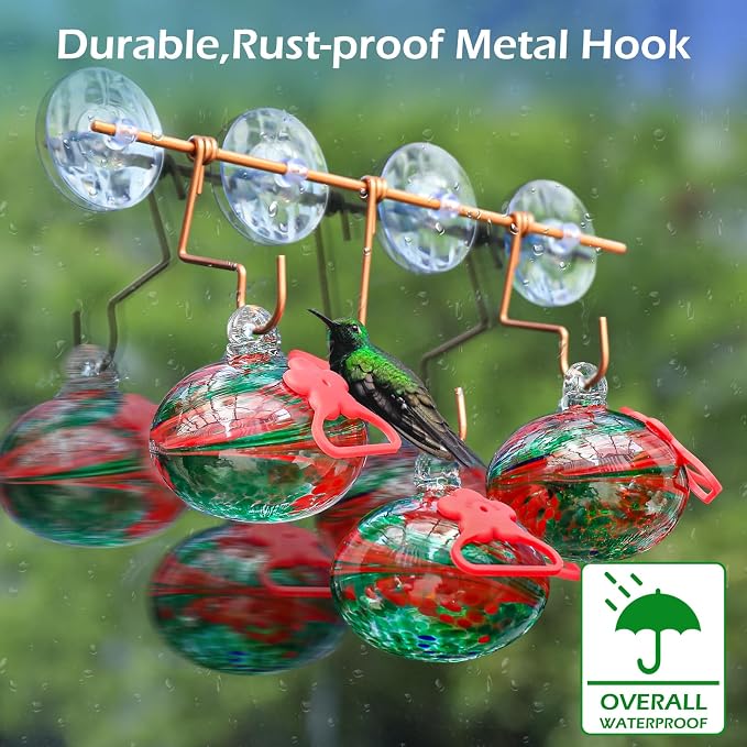 Pozfun Window Hummingbird Feeder with Suction Cups,Hand-Blown Glass Hummingbird Feeders for Outdoors Window Mounted with Metal Hook,Close Bird Watching,Finch in Garden,Yard(Red)