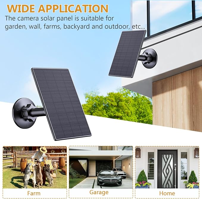 Zivif 2W Solar Panel for Security Cameras, Solar Charger with Micro USB & USB-C Port for Rechargeable Battery Security Camera, 360° Adjustable Mount, Black (2 Pack)