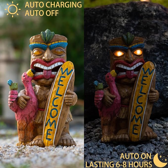 Solar Tiki Garden Statue Outdoor Decor with Flamingo Waterproof Welcome Sign for Tiki Bar, Patio, Balcony, Yard, Lawn, Front Door Decorations, Gardening Gift for Tiki Man
