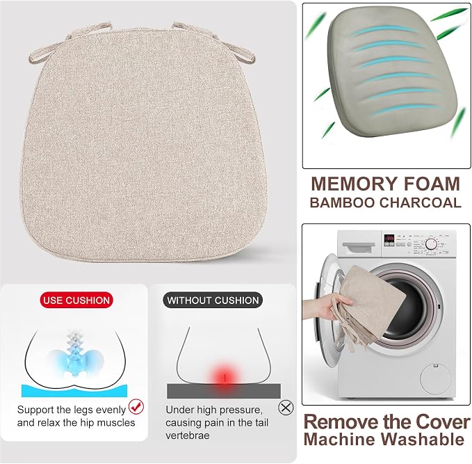 SINOSSO 6 Pack Memory Foam Chair Cushions for Dining Chairs, Friendly Woven Fabric 16" U-Shape Comfortable Kitchen Chair Pads, Removable Slip Resistant Seat Cushions (Set of 6, Oatmeal Beige)