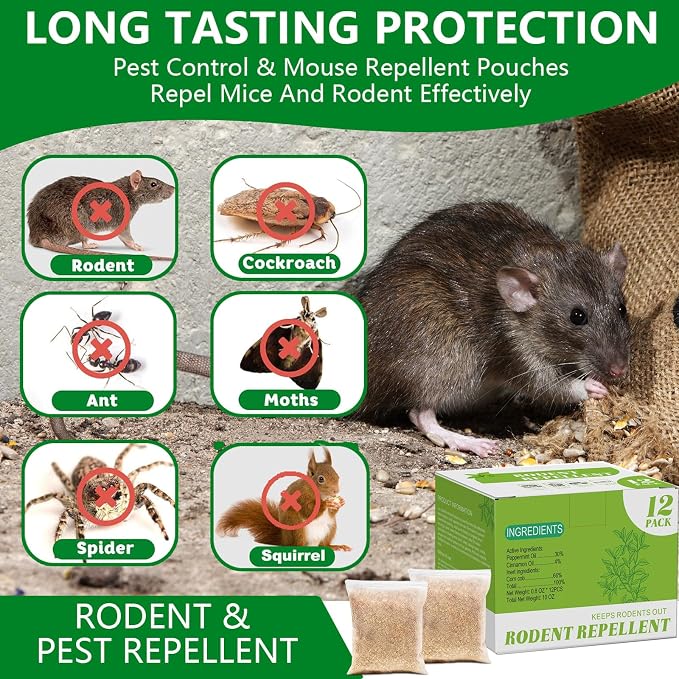 Natural Mouse Repellent Pouches 12 Pack – Peppermint Oil Rodent Repellent Indoor for Home, Garage, Car & RV – Pest Control Pouches Long Lasting Mice Deterrent, Safe for Kids & Pets