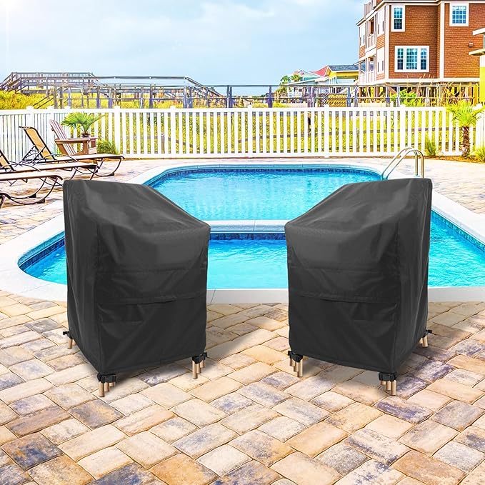 Stackable Chair Covers Outdoor Waterproof - 1 Pack Patio Chair Covers (25W x 25D x 47H inches, Black) Patio Furniture Covers with nonfading fabric fits for 4-6 Stacking Chairs