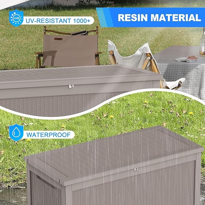 Outdoor Storage Box 325GAL Waterproof Resin Deck Box,Pool Accessories Supplies，UV-Resistant Lockable Package Delivery Bin for Garden Tools,Large Patio Outside Cushions,Chest,Furniture,Grey