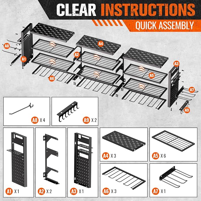 49.8" W Large Power Tool Organizer Wall Mount, Heavy Duty Tool Organizer with 14 cordless Drill Holder, 4 Layers Garage Organization and Storage Rack, Tool Rack for Garage Workshop, Black