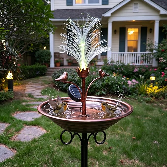 JOYBEE 43In Metal Solar Bird Bathtub with Optical Fiber -Bird Baths Feeder Bowl for Outside, Vintage Freestanding Birdbaths, Bird Baths Outdoor Stake for Garden Patio Yard Lawn Decor (Brown)