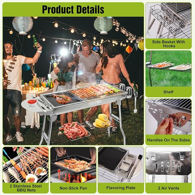 Portable BBQ Grill, Foldable Charcoal Grill Lightweight Smoker Grill for Outdoor Cooking Camping Hiking Picnics Tailgating Backpacking Party (Large gril(39x13.4x28"))