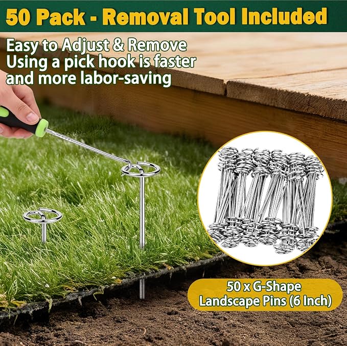 50 PCS Landscape Fabric Staples Pins,Heavy Duty Circle Top Landscape Fabric Stakes, 6 inch Galvanized Weed Barrier Stakes Pins with Removal Tool,Reusable Garden Staples for Weed Barrier Fabric