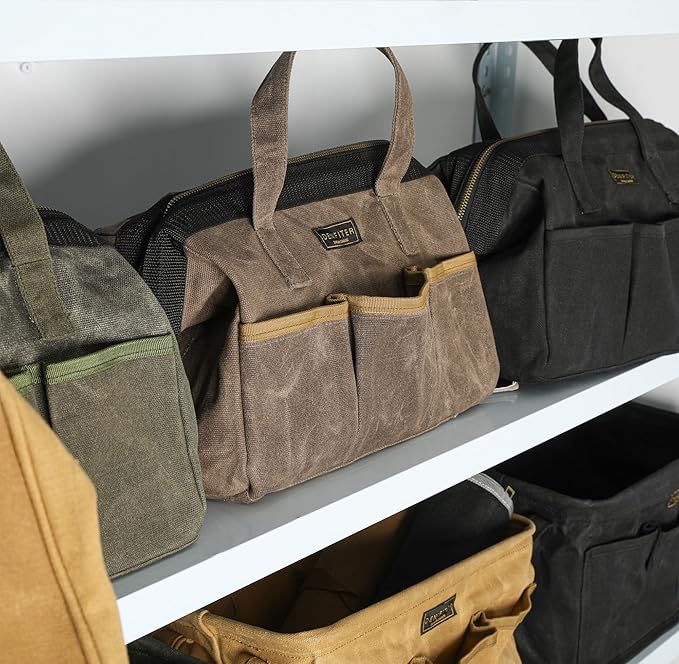 Tool Bag, 13-inch Heavy Duty 16oz Waxed Canvas Wide Mouth Water-Resistant Tool Pouch, Tool Tote with Handle for Tools, Wrenches, Screwdrivers (13 X 7.8 X 9 inch) | Grey