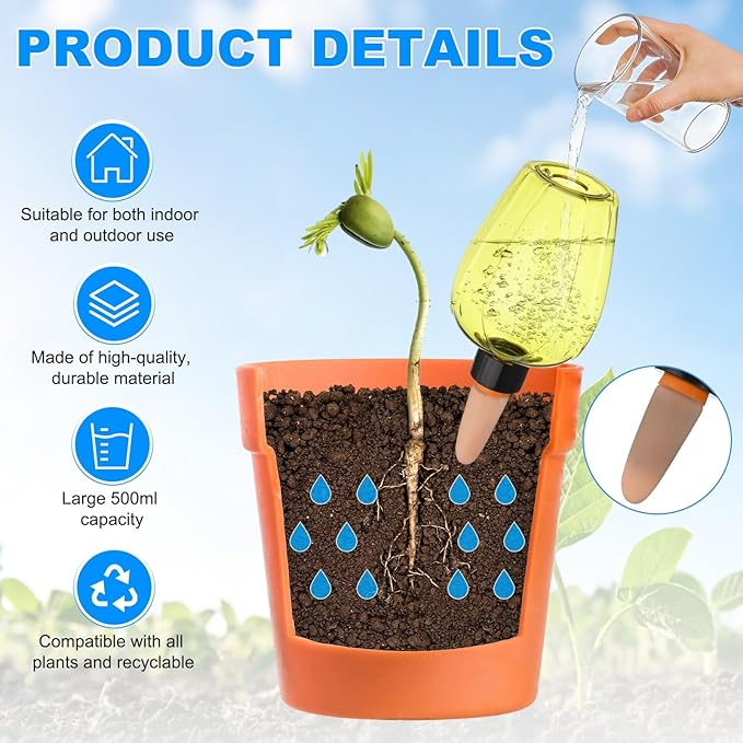 M METERXITY 3-Pack Plant Self Watering Globes, 5.1 oz Plastic Rose Water Bulbs Top Fill for Indoor/Outdoor Plants, Self Watering Spikes Slow Release Terracotta [Yellow]