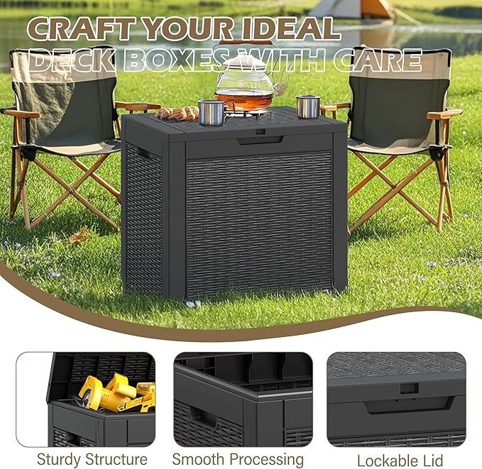 Outdoor Storage Box, 31 Gallon Deck Box with Lockable Lid, Waterproof Resin Storage Bin for Patio Furniture, Garden Tools, Cushions, Black
