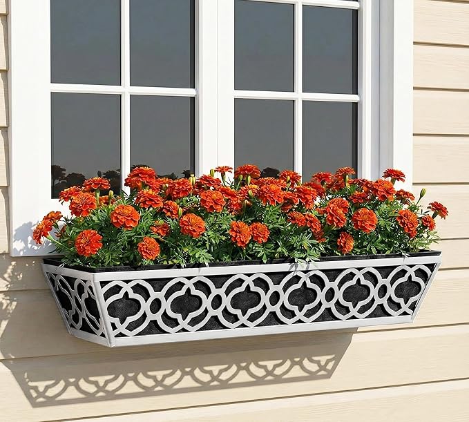 Y&M 4Pcs 24'' Railing Planter Box Set with Black Non-Woven Fabric Liner, Flower Boxes with Adjustable Brackets, Large Metal Hanging Window Boxes for Fence, Deck, Balcony, and Garden