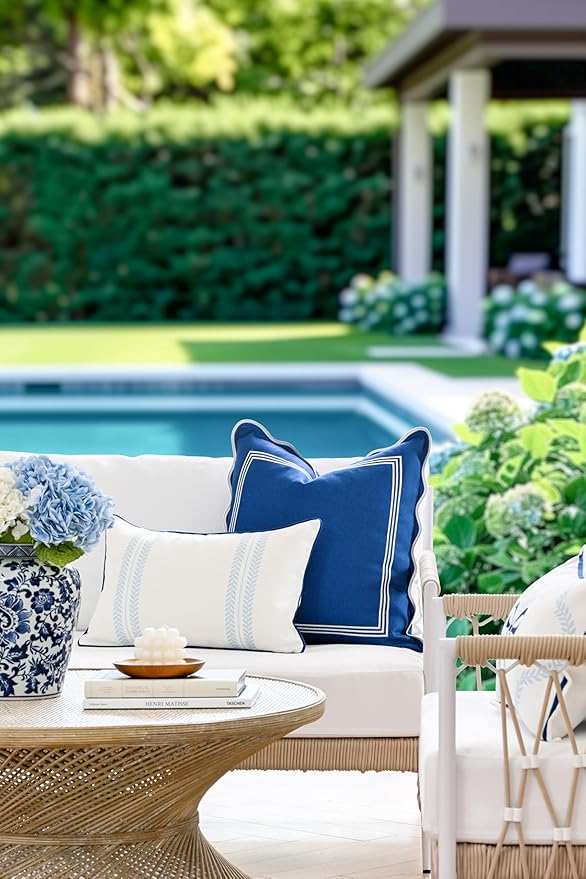 Hofdeco Premium Coastal Hampton Patio Indoor Outdoor Lumbar Pillow Cover Only, 12"x20" Water Repellent for Backyard, Couch, Poolside, Baby Blue Navy Print Leaf Striped