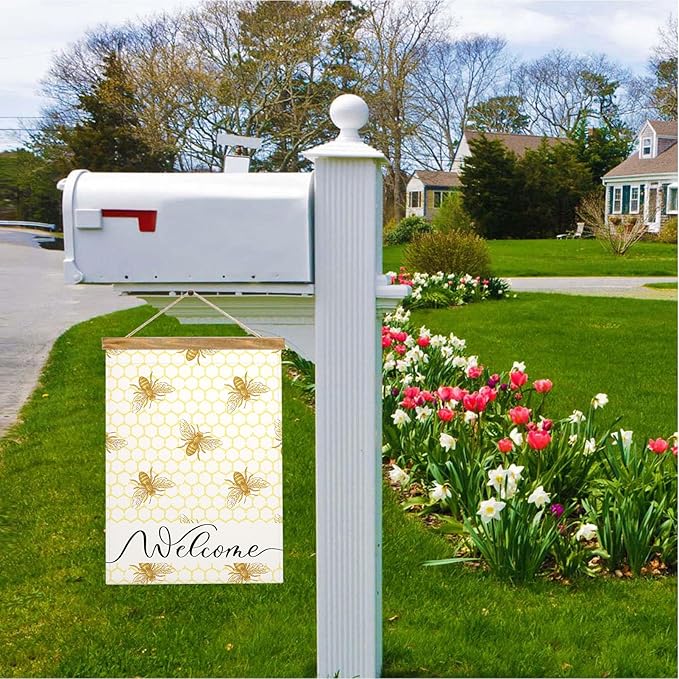 Mugod Welcome Flying Bee Garden Flag 12.5x18 Inch Double Sided, Honeycomb & Bees Yard Flag for Outdoor House Porch Patio Lawn Decor