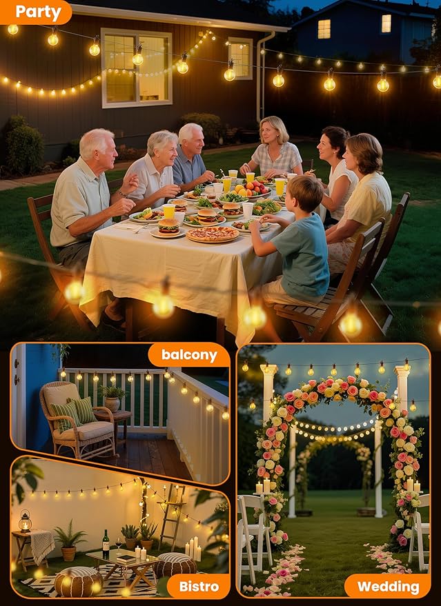 Outdoor String Patio Lights, 50FT 50 LED Patio Lights Waterproof, Connectable Shatterproof Hanging Outside String Light for Backyard, Porch, Deck, Balcony, Garden, House Decor, 2200K
