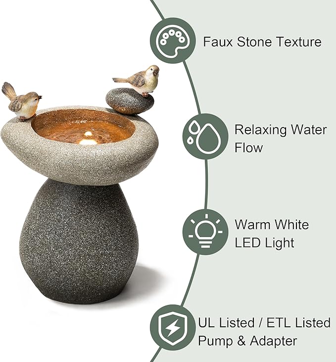 Glitzhome 20.75" H Water Fountain with LED Light and Pump, Zen Style Faux Stone Texture Birdbath Outdoor Fountains with Birds Decor, Floor Fountain for Porch Deck Patio Backyard