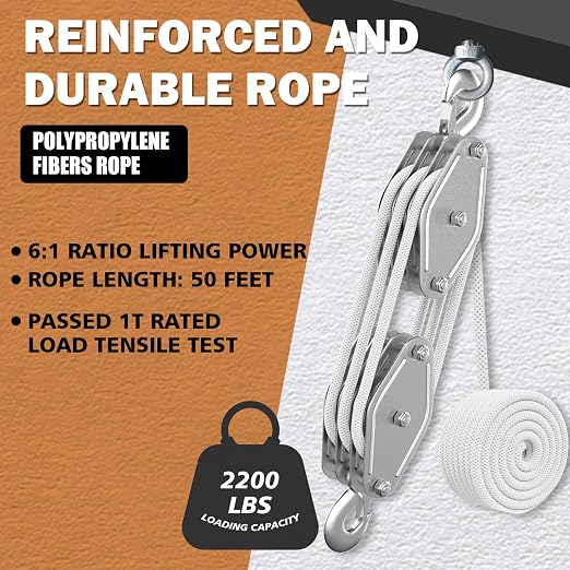 YATOINTO Rope Hoist Pulley System, 2200LB Pulley Block and Tackle, 6:1 Ratio Lifting Power 50ft, Heavy Duty Pulley Block for Hunting Lifting Heavy Objects Garage Warehouses Building