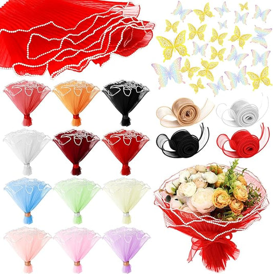 Gilprop 12 Pcs Mother's Day Flower Wrapping Mesh Paper Kit, 11 Inch x 4 Yard Wavy Pearl Edge Flower Bouquet Packaging Mesh Florist Supplies with 4 Ribbons and 24 3D Butterflies for Mother's Day