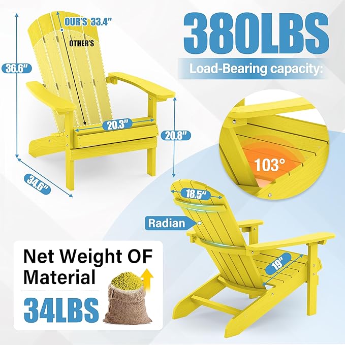 YEFU Plastic Adirondack Chairs Weather Resistant, Patio Chairs 5 Steps Easy Installation, Like Real Wood, Lawn, Outside, Garden Chairs (Yellow)