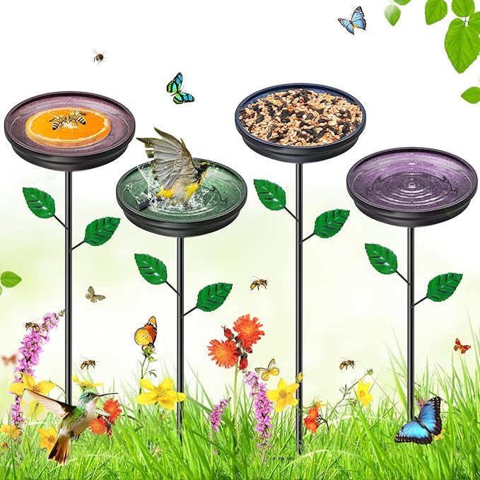 4PCS Hummingbird Bird Bath for Outside, Freestanding Metal Flower BirdBaths Bowl with Stake, Detachable Birdfeeder for Outdoor Yard Lawn Garden Decor (4PCS-Blue-Green-Brown-Purple)