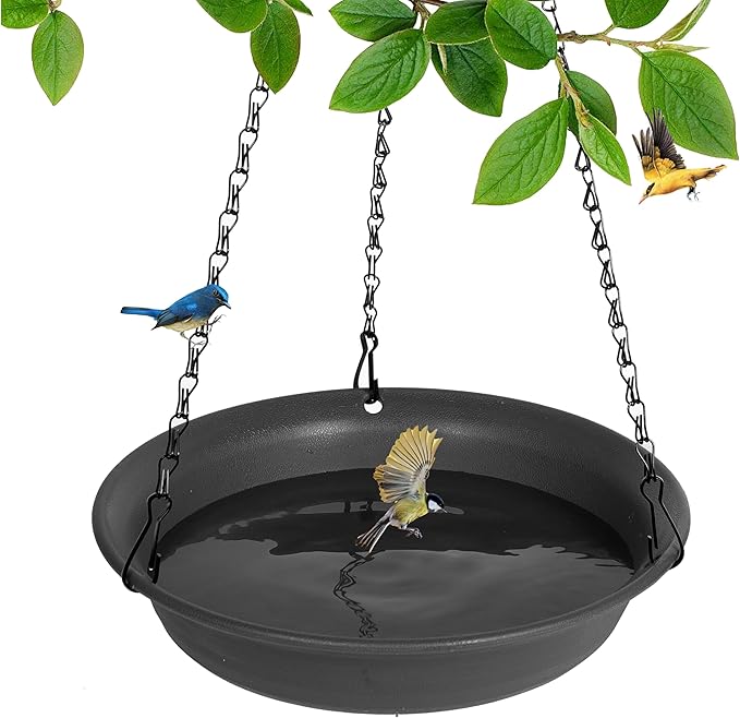 VUWEZ Hanging Bird Bath, Hanging Bird Water Feeder for Outdoors, Feeder Bowl, 1 Pack Birdbath Tray Accessories for Outside, Plastic Birdbaths Tray for Garden Patio Decoration (10", Dark Black)