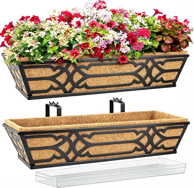 2 Pack 24 Inch Railing Planter Boxes with PET Water Storage Tray & Coco Liner, Window Boxes Planters for Deck Railing, Metal Hanging Flower Box for Outdoor Balcony Fence and Patio Garden