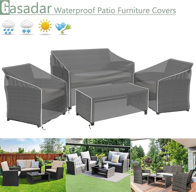 Gasadar Patio Furniture Covers, 4-Piece Outdoor Furniture Cover Waterproof for Patio Loveseat, Chair and Coffee Table, Grey